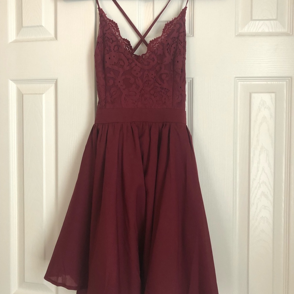 Tobi burgundy Mila lace skater dress